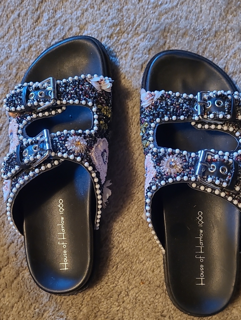 House of Harlow 1960 Black Beaded Floral Buckle Slides with Pink Accents